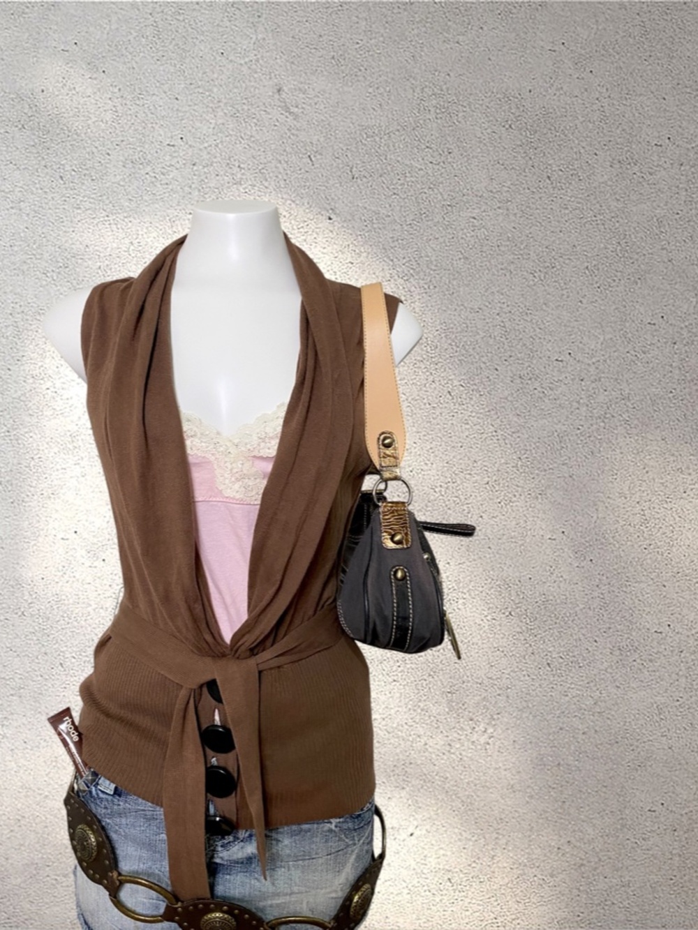 Kensie Sleeveless Brown Cardigan w/ Tie Waist & Shawl Collar - Picture 3 of 8